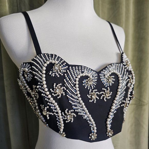 y2k McBling Glam Goth Coastal Summery Formal Pearl Beaded Cropped Halter Top - Picture 4 of 13